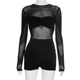 Sexy Mesh Long Sleeve Pleated Romper GSZM-C25RP262