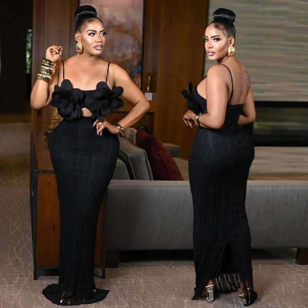 Lace Chest Flower Backless Suspender Maxi Dress BY-7513