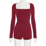 Long Sleeve Solid Color Two Piece Shorts Set GSZM-D25ST354