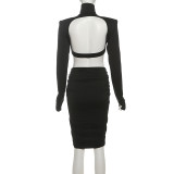 Long Sleeve Backless Pleated Midi Dress XEF-K25D78923