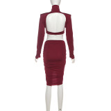 Long Sleeve Backless Pleated Midi Dress XEF-K25D78923