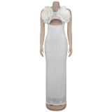 Lace Chest Flower Backless Suspender Maxi Dress BY-7513