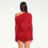 Mesh Slash Shoulder Pleated Mini Dress GSZM-D25DS371