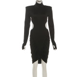 Long Sleeve Backless Pleated Midi Dress XEF-K25D78923