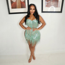 Fashion Tassel Wrap Chest Two Piece Skirts Set CYA-901984