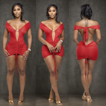 Solid Color Short Sleeve Pleated Mini Dress GSZM-J25DS286