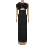 Lace Chest Flower Backless Suspender Maxi Dress BY-7513