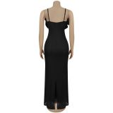 Lace Chest Flower Backless Suspender Maxi Dress BY-7513