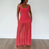 Pleated Halterneck Backless Maxi Dress DLSF-K25D79428