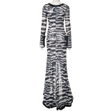 Zebra Pattern Hollowed Out Pleated Maxi Dress MXBF-J25DS204