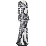 Zebra Pattern Hollowed Out Pleated Maxi Dress MXBF-J25DS204