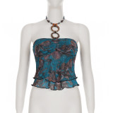 Metal Buckle Lace Neck Halterneck Tops GLRF-NK30979