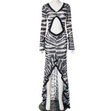Zebra Pattern Hollowed Out Pleated Maxi Dress MXBF-J25DS204