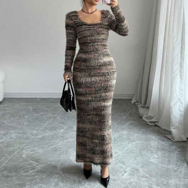 Long Sleeve Knits Split Maxi Dress GFRT-42169DBG