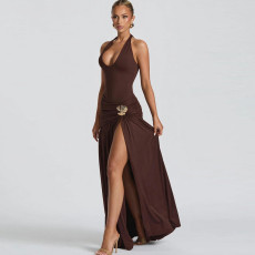 Solid Color Pleated Split Maxi Dress GYME-K25D73993