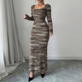 Long Sleeve Knits Split Maxi Dress GFRT-42169DBG