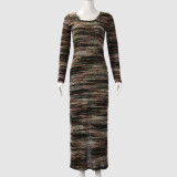 Long Sleeve Knits Split Maxi Dress GFRT-42169DBG