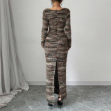 Long Sleeve Knits Split Maxi Dress GFRT-42169DBG