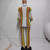 Hollow Out Stripe Knits Two Piece Pant Set QXTF-83020