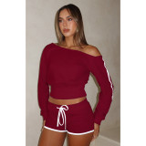 Slash Shoulder Tie Up Two Piece Shorts Set ASL-6803