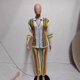 Hollow Out Stripe Knits Two Piece Pant Set QXTF-83020