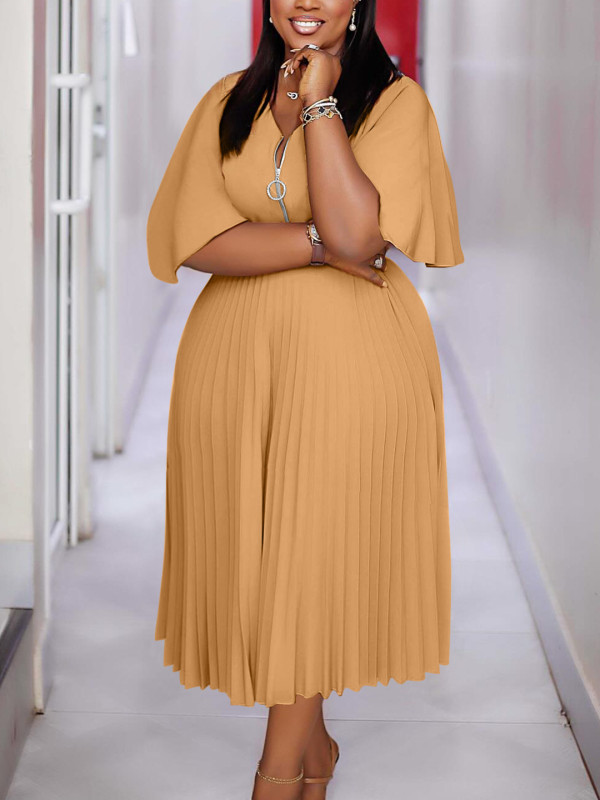 Plus Size Solid Color Pleated Maxi Dress NNWF-8120