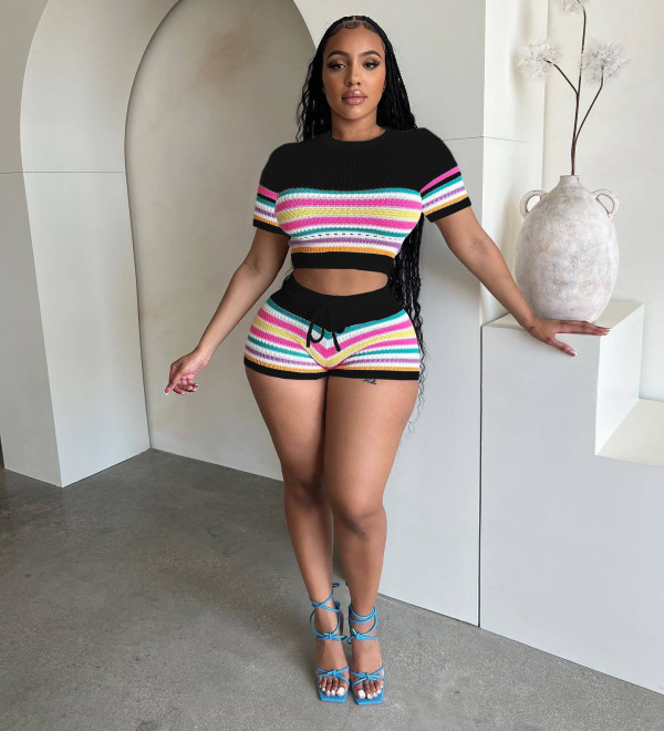 Fashion Knits Short Sleeve Two Piece Shorts Set QXTF-83026