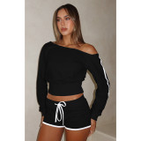 Slash Shoulder Tie Up Two Piece Shorts Set ASL-6803