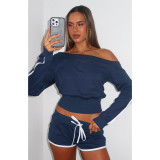 Slash Shoulder Tie Up Two Piece Shorts Set ASL-6803