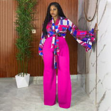 Plus Size Print Flare Sleeve Two Piece Pants Set NNWF-8113