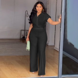 Plus Size Solid Color Shirt Two Piece Pants Set NNWF-8088