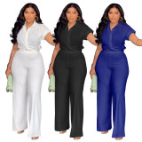 Plus Size Solid Color Shirt Two Piece Pants Set NNWF-8088