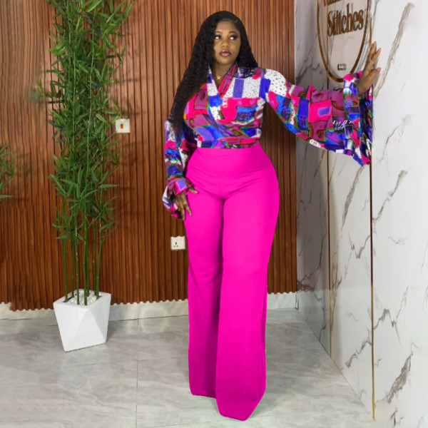 Plus Size Print Flare Sleeve Two Piece Pants Set NNWF-8113