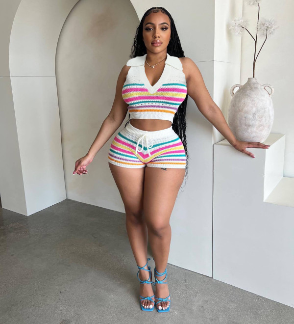 Stripe Print Lapel Knits Two Piece Shorts Set QXTF-83036
