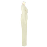 Jacquard Pleated V-neck Wide Leg Pants Set ASL-6807