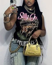 Letter Print Sleeveless Loose Tank Top GYZY-8827