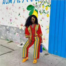 Hollow Out Stripe Knits Two Piece Pant Set QXTF-83020