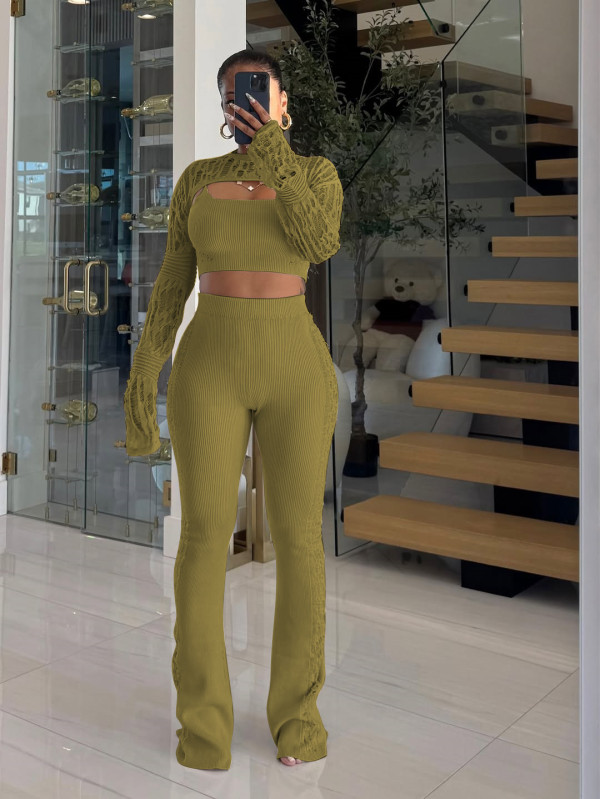 Casual Hollow Out Knits Three Piece Pants Suit TR-1340