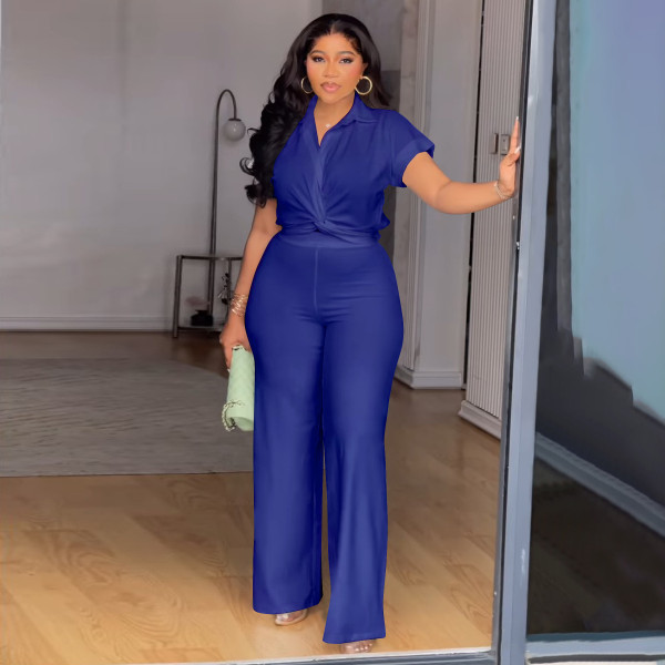 Plus Size Solid Color Shirt Two Piece Pants Set NNWF-8088
