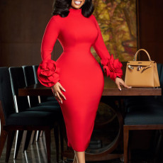 Plus Size Solid Color Long Sleeve Midi Dress GCZF-8638