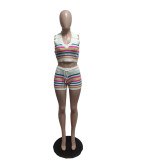 Stripe Print Lapel Knits Two Piece Shorts Set QXTF-83036