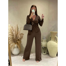 Jacquard Pleated V-neck Wide Leg Pants Set ASL-6807