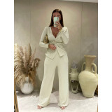 Jacquard Pleated V-neck Wide Leg Pants Set ASL-6807