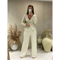 Jacquard Pleated V-neck Wide Leg Pants Set ASL-6807