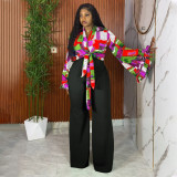 Plus Size Print Flare Sleeve Two Piece Pants Set NNWF-8113