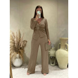 Jacquard Pleated V-neck Wide Leg Pants Set ASL-6807