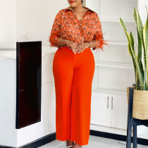 Plus Size Long Sleeve Print Loose Two Piece Pants Set GMLF-3342