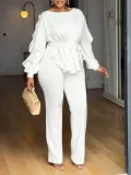 Plus Size Solid Color Ruffles Tops Two Piece Pants Set GMLF-3345