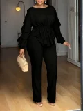 Plus Size Solid Color Ruffles Tops Two Piece Pants Set GMLF-3345