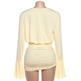 V Neck Pleated Flare Sleeve Mini Dress GYME-K25D76600